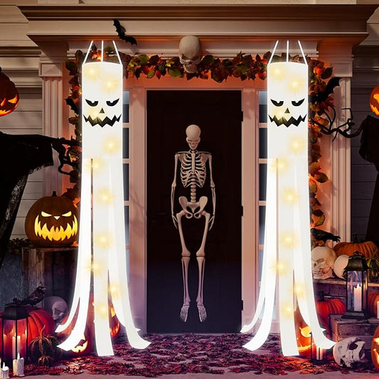 JXTON 2pcs 70inch Halloween Ghost Windsocks Flag with Lights Halloween Outdoor Hanging Decor for Yard Patio Garden Pathway Party Decoration
