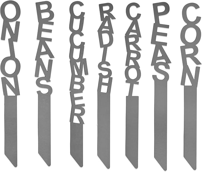Spell It Out Personalized Metal Garden Plant Markers - Set of 7 - 80 Plant Varieties - Vertical Stacked Name Stakes for Herbs, Vegetables & Flowers - Durable Labels for Over