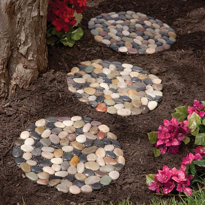 Bits and Pieces - Stepping Stones Outdoor Walkway - 12" River Rock Landscaping Decorative Stepping Stones - Set of Three (3) - Backyard Decor Garden Pavers for Outside Walkway