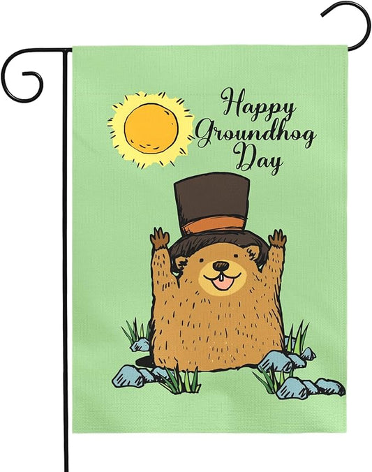 Happy Groundhog Day Garden Flag 12x18 Inch Double Sided Cute Groundhog with Top Hat and Sunshine Design Spring Outdoor Yard Flags Funny Holiday Porch Lawn Durable Banner for Home Garden Décor