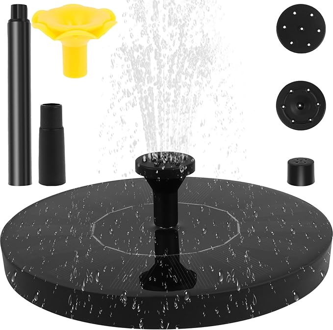 Solar Bird Bath Fountain Pump, Solar Water Fountain with 7 Nozzles & 3 Fixed Rods, Energy Efficient 7V/1.4W Solar Water Pump, Suitable for Bird Bath, Garden, Courtyard, Fish Tank, Outdoor