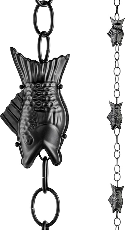 Fish Black Aluminum 8.5 ft. Rain Chain with Gutter Installation Clip by Good Directions