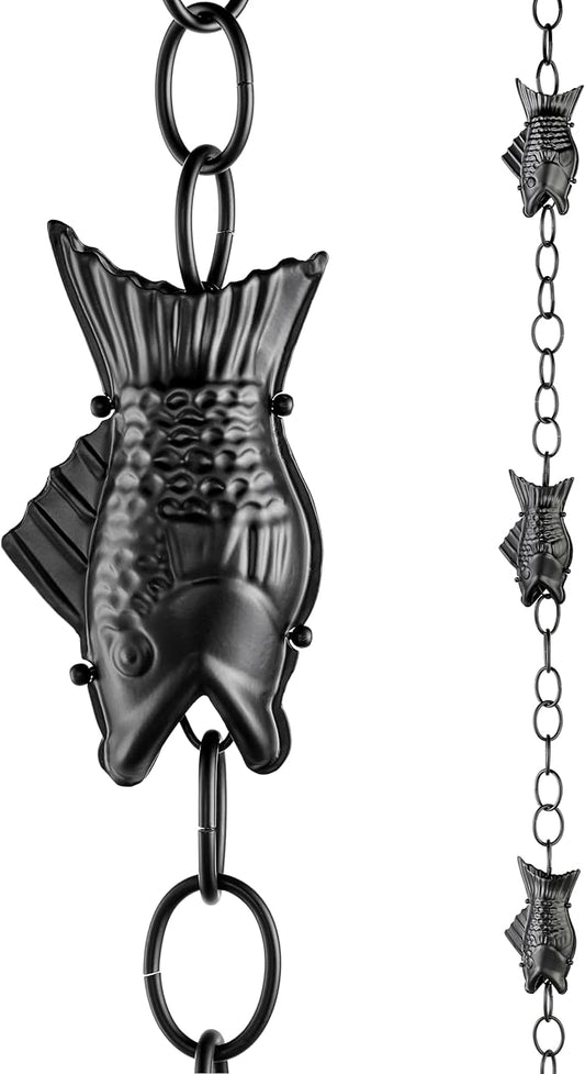 Fish Black Aluminum 8.5 ft. Rain Chain with Gutter Installation Clip by Good Directions