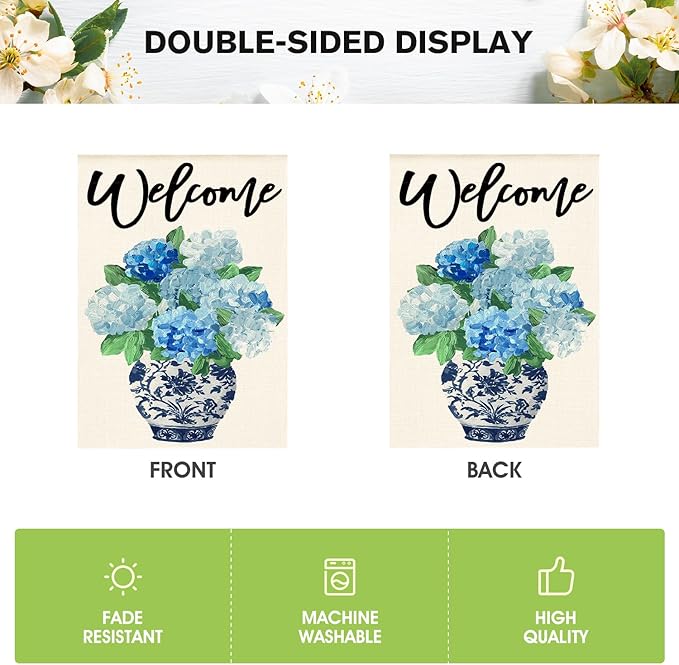 AVOIN colorlife Spring Hydrangea Floral Welcome House Flag 28x40 Inch Double Sided Outside, Blue and White Chinoiserie Seasonal Yard Outdoor Flag