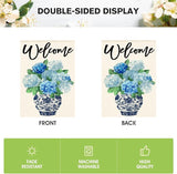 AVOIN colorlife Spring Hydrangea Floral Welcome House Flag 28x40 Inch Double Sided Outside, Blue and White Chinoiserie Seasonal Yard Outdoor Flag