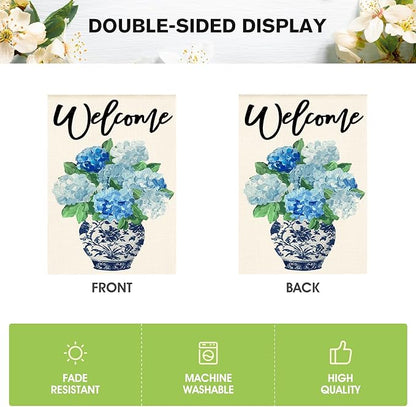 AVOIN colorlife Spring Hydrangea Floral Welcome House Flag 28x40 Inch Double Sided Outside, Blue and White Chinoiserie Seasonal Yard Outdoor Flag