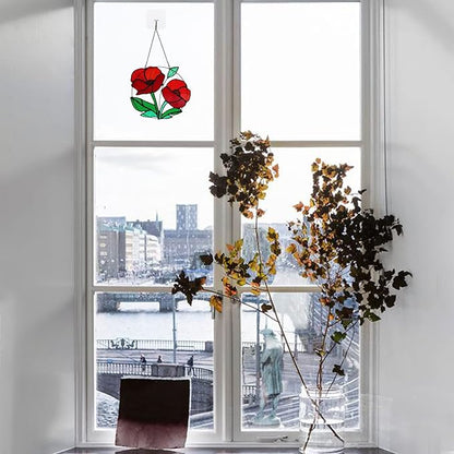 Red Flowers Stained Glass Window Hanging,Artificial Poppy Flower Suncatcher Wall Art Decor,Red Poppy Modern Artwork Hanging Decorations for Bedroom Living Room,Memorial Gift