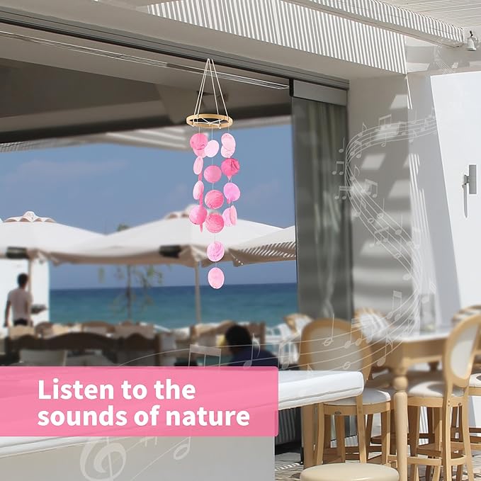 Handmade Capiz Wind Chimes for Outside, Outdoor Seashell Hanging Beach Coast Ocean Home Decorative, Unique Natural Shell Waterfall Windchimes for Summer Patio, Great Memorial Sympathy Gift（Pink