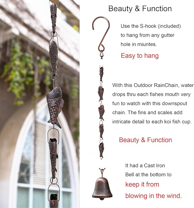 Antique Bronze Rain Chain with Rainbow Trout for Heavy Rain, Functional and Decorative Replacement Downspout Chain for Outside, Rain Catcher Chain for Gutters, 8.5FT