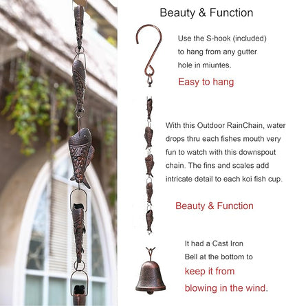 Antique Bronze Rain Chain with Rainbow Trout for Heavy Rain, Functional and Decorative Replacement Downspout Chain for Outside, Rain Catcher Chain for Gutters, 8.5FT