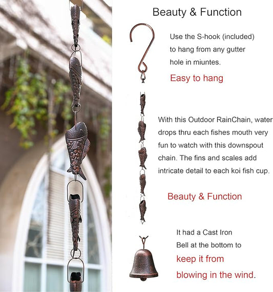 Antique Bronze Rain Chain with Rainbow Trout for Heavy Rain, Functional and Decorative Replacement Downspout Chain for Outside, Rain Catcher Chain for Gutters, 8.5FT