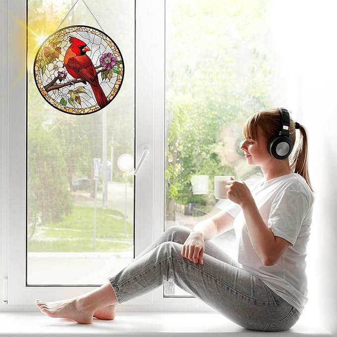 VAIIEYO Cardinal Bird Sun Catcher Stained Glass Window Hanging Ornament, Handmade Sun Catcher Animal Bird Decoration with Hooks for Window Garden Home,Christmas & Birthday Housewarming Gift (7.8 inch)