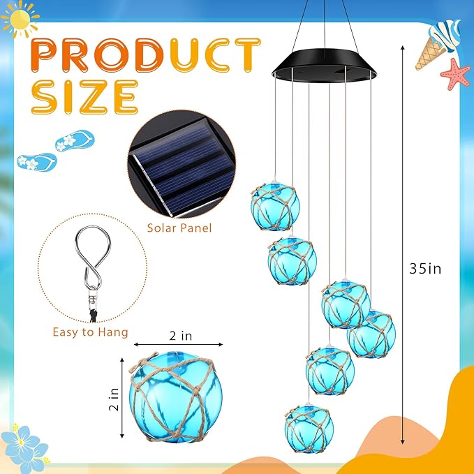 Wonderjune Solar Wind Chimes Nautical Ball Beach Theme Lights Outdoor Mobile Wind Chime LED Light for Garden Patio Yard Porch Decoration Gifts (Blue)