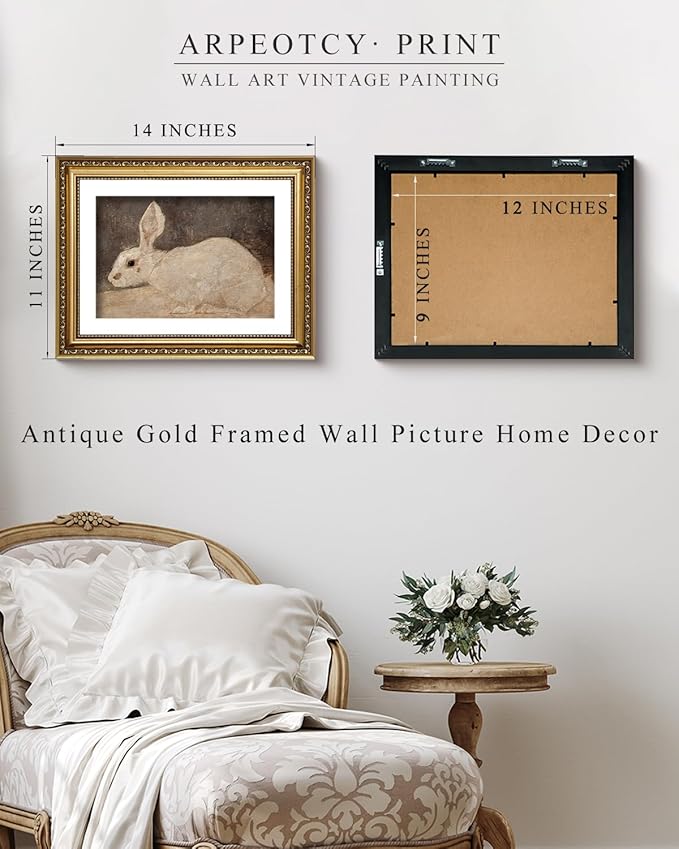 ARPEOTCY Vintage Gold Framed Wall Art, Easter White Rabbit Bunny Paintings, Nursery Wall Decor, Canvas Prints Artwork with Frame, Wall Decor for Kids Room Bathroom Bedroom 11x14 inch
