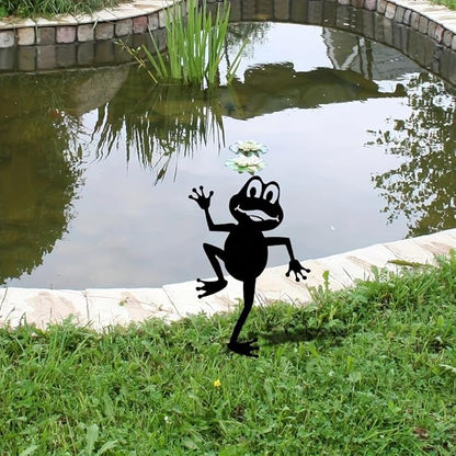 Metal Dancing Frog Silhouettes Garden Decor Frog Fence Topper Garden Statues Stakes Art Metal Yard Garden Decoration, Black