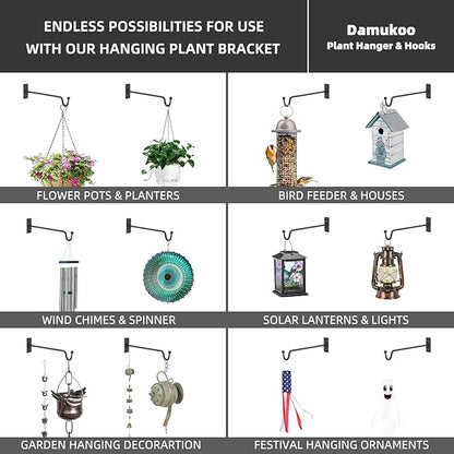 Hanging Plant Bracket (2 Pack-12 inches), Heavy Duty Metal Plant Hangers Outdoor or Indoor- Wall Plant Hooks for Hanging Planter,Bird Feeders, Wind Chimes, Flower Pot,Basket,Lanterns-Matte Black