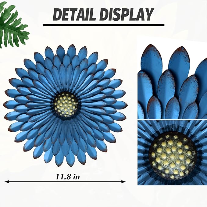 Metal Flowers Wall Decor Indoor Outdoor Metal Wall Art for Farmhouse Home Living Room Bedroom Bathroom Garden Decor – Blue