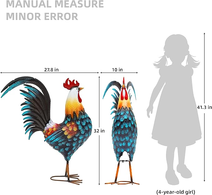 32in Large Metal Rooster Decor, Outdoor Garden Statues, Metal Chicken Sculpture for Backyard Patio Garden Kitchen Décor