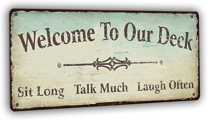 Welcome to Our Deck Sign Outdoor Decorations, Rustic Metal Tin Signs Backyard Wall Decor Accessories 15.8 x 5.9 Inches