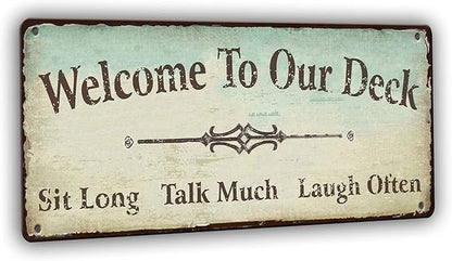 Welcome to Our Deck Sign Outdoor Decorations, Rustic Metal Tin Signs Backyard Wall Decor Accessories 15.8 x 5.9 Inches