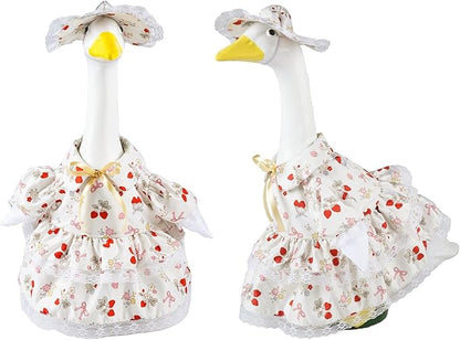 Spring Summer Porch Goose Outfit Set for 23'' Lawn Goose Statue,Strawberry Floral Goose Outfit Lace Sun Hat & Dress Clothes,for Garden Yard Decor (Strawberry Skirt)