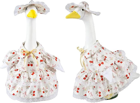 Spring Summer Porch Goose Outfit Set for 23'' Lawn Goose Statue,Strawberry Floral Goose Outfit Lace Sun Hat & Dress Clothes,for Garden Yard Decor (Strawberry Skirt)