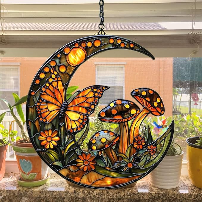 Cresent Forest Butterfly Acrylic Suncatcher Stained Glass Effect Window Car Hanging Christmas Ornament Indoor Outdoor Decor Garden Sun Catcher Panel for Boho Lover for Women Mom Grandma