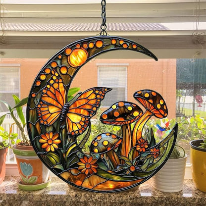 Cresent Forest Butterfly Acrylic Suncatcher Stained Glass Effect Window Car Hanging Christmas Ornament Indoor Outdoor Decor Garden Sun Catcher Panel for Boho Lover for Women Mom Grandma