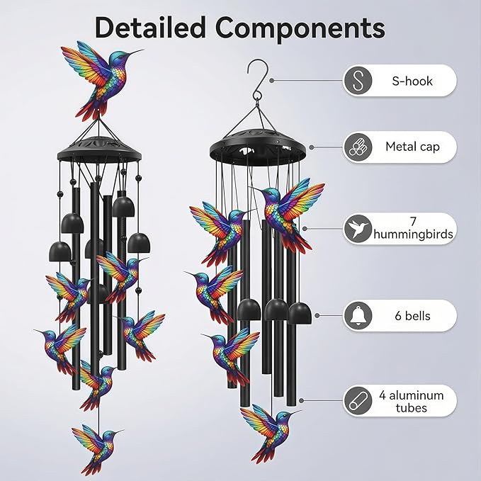 Outdoor Hummingbird Wind Chimes: Colorful Metal Commemorative Gifts of 7 Handmade Hummingbirds, Soothing Melodies in Gardens, Courtyards, and Terraces