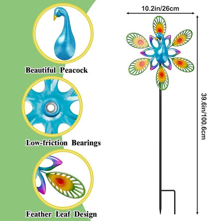 Metal Wind Spinners Outdoor, 360° Wind Sculpture Spinner with Metal Stake, Waterproof Spinners Green Kinetic Wind Spinner for Yard Lawn Decor (Peacock A)