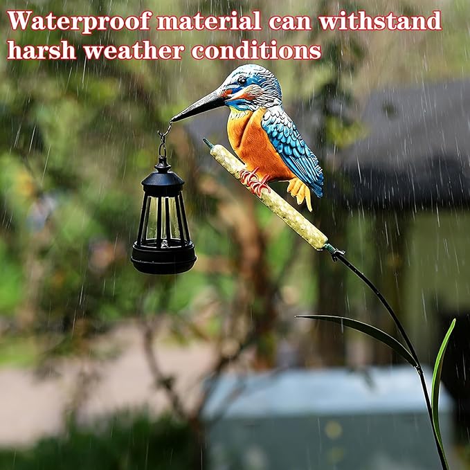 Solar Kingfisher Statue for Outdoor Garden Decor, 6.1 Inch Outside Metal Bird Craft Ornaments with Solar Lantern for Garden, Patio, Yard, Lawn -Birthday Gifts for Women Mom Grandma