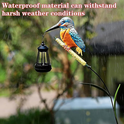 Solar Kingfisher Statue for Outdoor Garden Decor, 6.1 Inch Outside Metal Bird Craft Ornaments with Solar Lantern for Garden, Patio, Yard, Lawn -Birthday Gifts for Women Mom Grandma