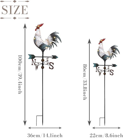 TERESA'S COLLECTIONS Garden Decor with Solar Outdoor Lights, White Rooster Yard Art Sign for Outside, 34'' Metal Weathervane Decorative Garden Stake for Outdoor Decor, Lawn, Gifts for Mom