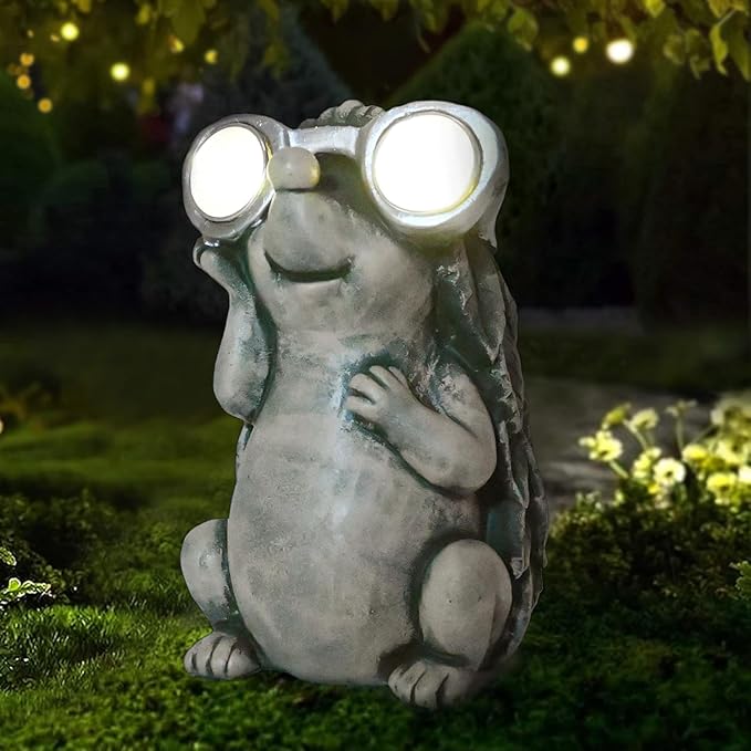Garden Hedgehog Figurines Animals - Outdoor Decor Solar Lights Lawn Ornament Concrete Critters Cement Statues Cute Resin Yard Sculpture Creature Gifts for Women Lover