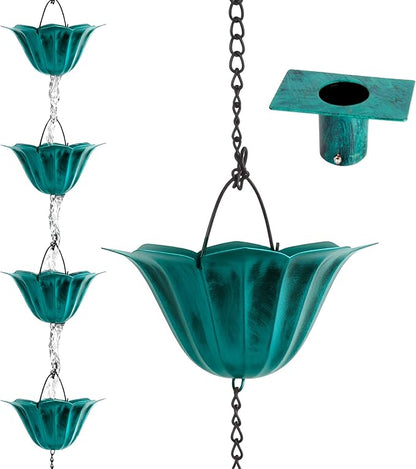 9 FT Rain Chain for Gutters, 12 Lotus Cup Design ， Adjustable Rain Chains for Outside Chains to Replace Downspout，Elegant Water Feature for Garden, Patio. (Lotus Antique Blue)