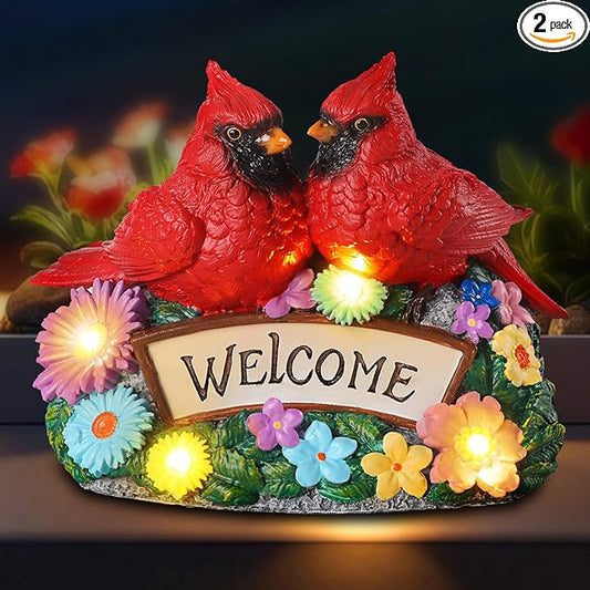 Solar Garden Statues 5.3" Couple Red Cardinal Figurines with Welcome Sign Waterproof Flower Garden Decor LED Lights for Outdoor Yard Patio Lawn Gifts for Mother Grandma Wife Sister Women