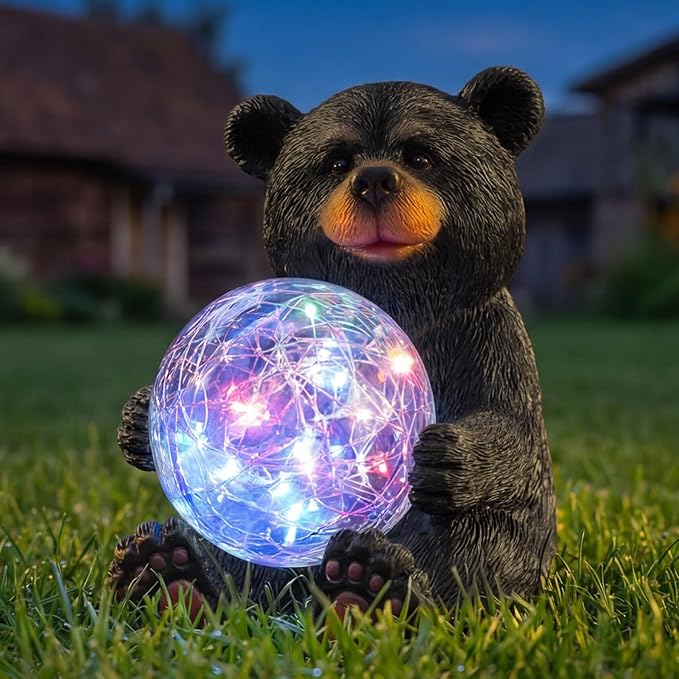Lavezee Black Bear Statue Outdoor Garden Decor, Bear Figurine Holding Glowing Orb for Garden, Patio, Yard Decor