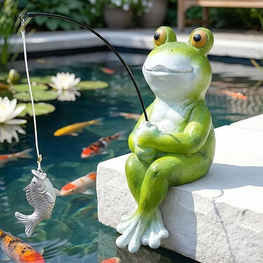 9.5" Frog Fishing Garden Sculptures & Statues, Stone Look Sculpture, Whimsical Lawn Yard Art, Funny Pond Fisherman Statue, Resin Animal Decorative Figurine, for Frog Fishing Lovers