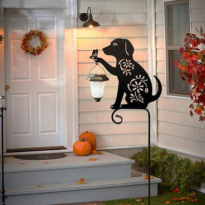 Dog Holding Solar Lantern Garden Stakes Outdoor Metal Dog Stakes Decorative Garden Stakes Suitable for Yard and Lawns(Dogs Decor Garden Stake)