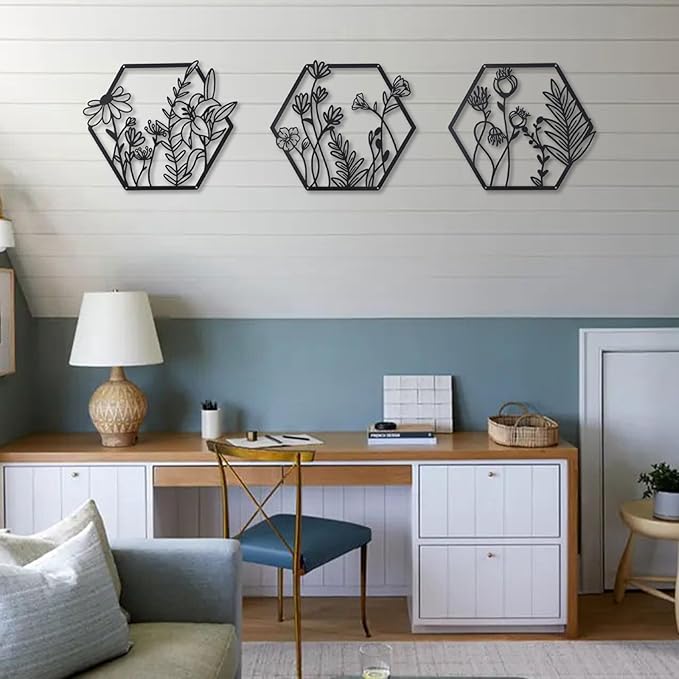 OYEFLY 3 Pcs Metal Flower Wall Decor,Farmhouse Flower Art (Black)