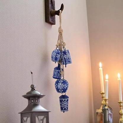 Christmas Bell Wind Chime 25” – 5 Pcs Metal Jingle Bells on Jute Rope –Rustic Farmhouse Holiday Décor, Vintage Sleigh Bells Wind Chime for Door, Fireplace Mantel, Tree & Home Decoration (Blue)