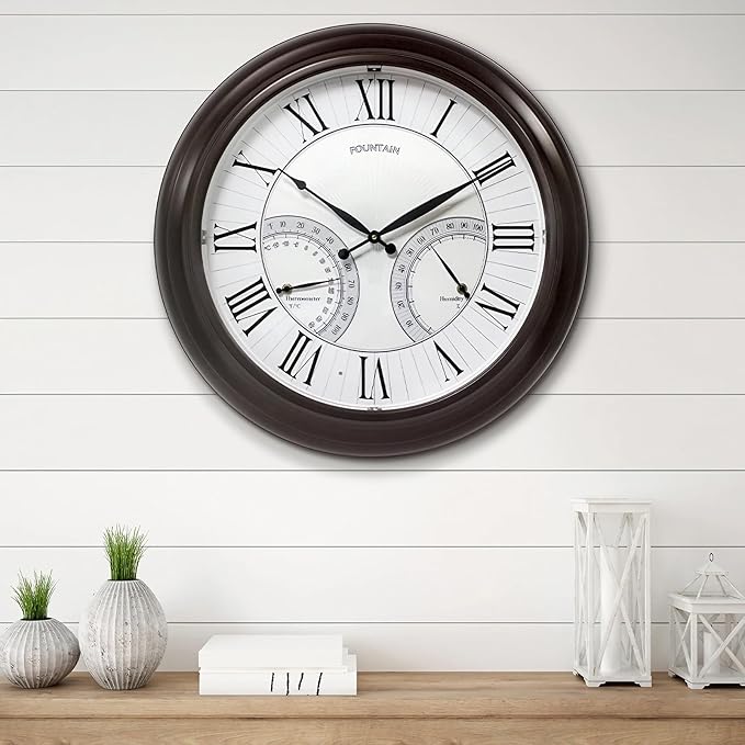 24" Jameson in/Outdoor Lighted Clock, Self-Illuminated, Waterproof, 3 in 1 Weather Station (Thermometer & Hygrometer), Metal Clock, Oil Rubbed Bronze Finish(Night Light)