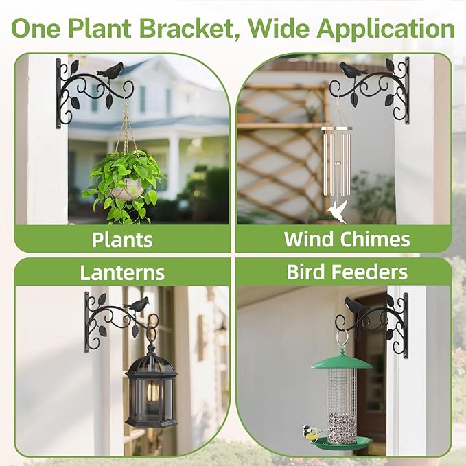iDavosic.ly Plant Hangers Outdoor 4-Pack, 12 Inch Heavy Duty Iron Wall Brackets for Hanging Plants, Baskets, Bird Feeders, Lanterns, Wind Chimes, Indoor Metal Hooks for Garden Porch Patio, Black