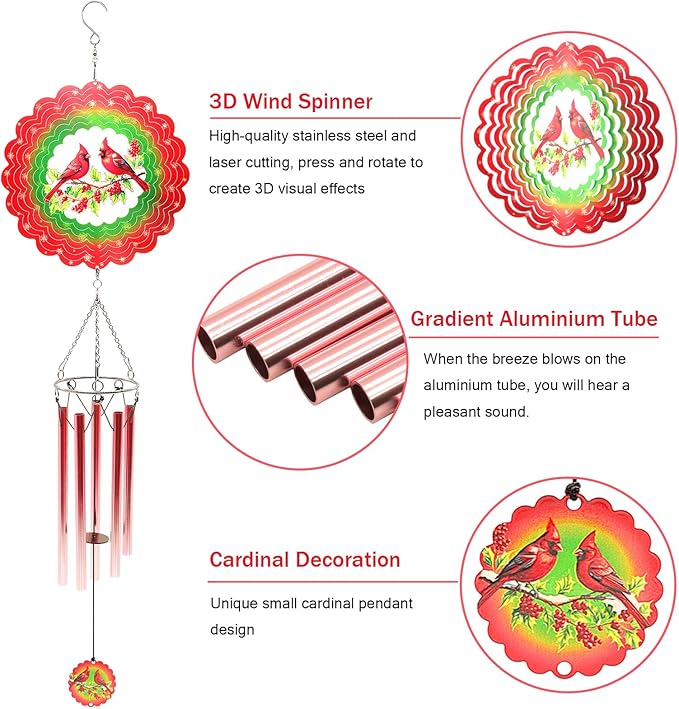 Wind Chimes with Cardinal Wind Spinner, Gifts for Mothers Day Grandma Mom Women Birthday Retirement Teacher, 31" Windchimes Outdoor Decor Hanging Mobile for Garden Porch Patio Backyard