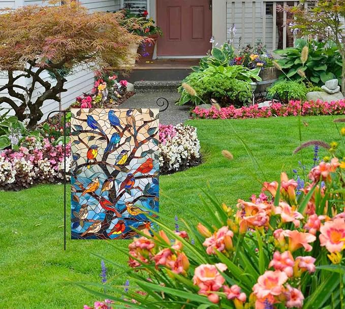 Stained Glass Spring Birds Garden Flag 12x18 Inch Double Sided Welcome Flag Burlap Small Outdoor Flag for Seasonal Farmhouse Yard Outdoor Decor
