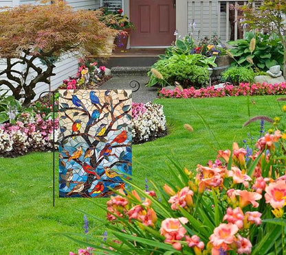 Stained Glass Spring Birds Garden Flag 12x18 Inch Double Sided Welcome Flag Burlap Small Outdoor Flag for Seasonal Farmhouse Yard Outdoor Decor