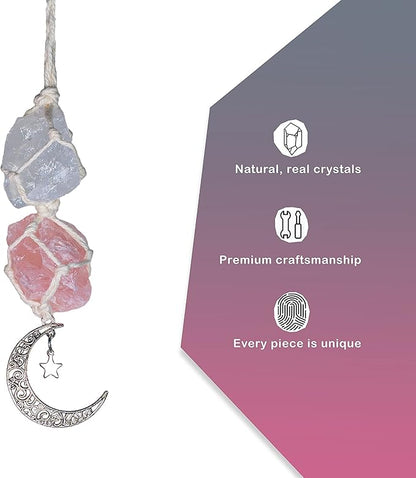 BOHO GARDEN Hanging Car Charm – Clear Quartz & Rose Quartz - Dangling Moon, Healing Crystal Accessories, Rearview Mirror Decorations –Healing, Clarity, Intuition, Love, Connection, Self-Worth, Energy