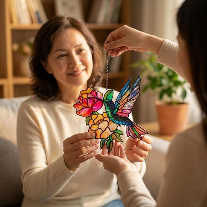 Hummingbird Handmade Resin Suncatchers Peony Flowers, Artisan Sun Catcher Stained Glass Effect Hummingbird Ornaments Window Hanging Garden Decor, Gifts for Mother's Day, Mom, Grandma, Wife, Women