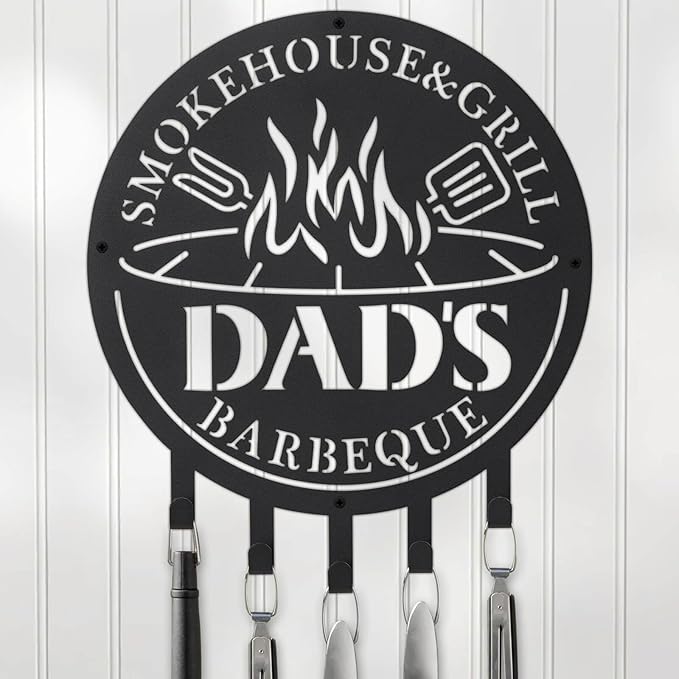 Qmetalart Metal BBQ Sign with Utensil Hangers Smokehouse Wall Art for Outdoor Grill Area Patio Backyard Decor Barbecue Grill Gift for Dad, Grandpa, Papa - Father’s Day Gift
