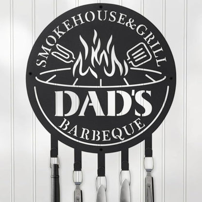 Qmetalart Metal BBQ Sign with Utensil Hangers Smokehouse Wall Art for Outdoor Grill Area Patio Backyard Decor Barbecue Grill Gift for Dad, Grandpa, Papa - Father’s Day Gift